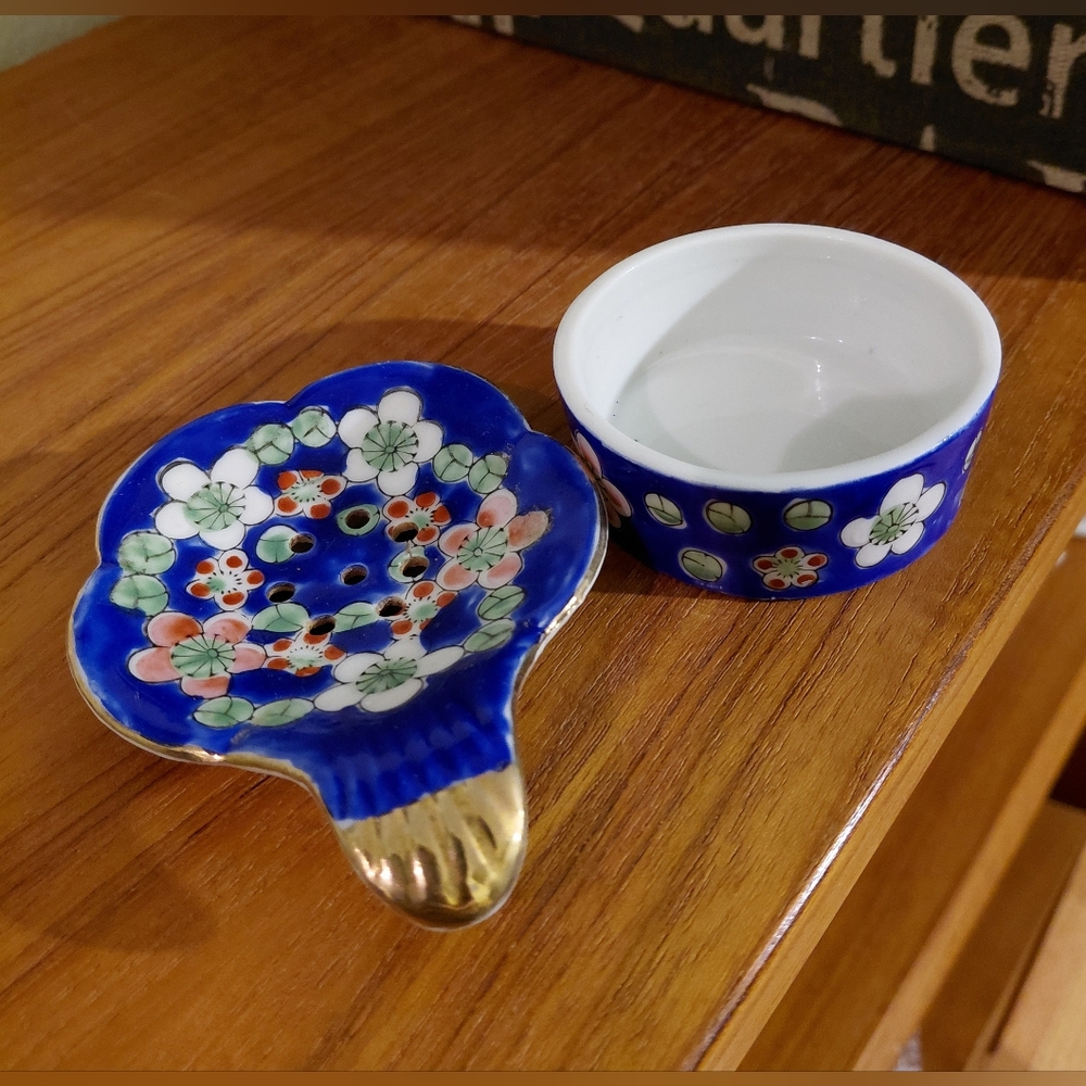 Vintage Floral Porcelain Tea Strainer & Holder